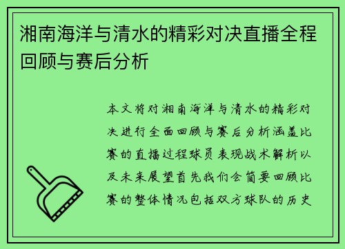 湘南海洋与清水的精彩对决直播全程回顾与赛后分析